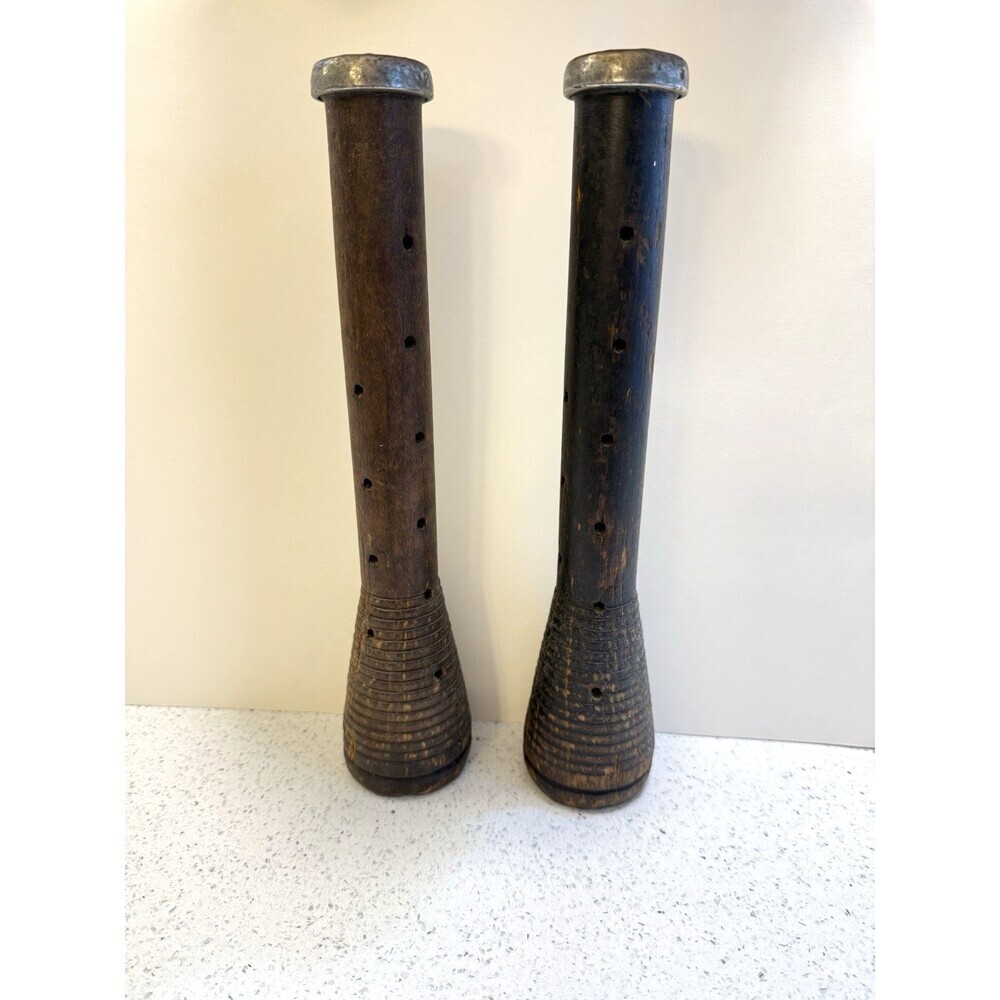 Antique Yarn Dowel's Candle Stick Holder 12" Metal Caps Set Wood Farm House